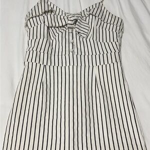 Main Strip Elegant Black and White Striped Dress with Bow Detail
